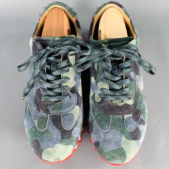 CHRISTIAN LOUBOUTIN Size 12 Green Blue Camouflage Suede Red Sole Sneakers - Picture 4 of 11